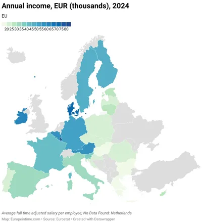 Mapa ročních hrubých příjmů zaměstnanců v Evropské unii, 2024