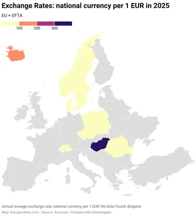 Kurzy měn v Evropě na mapě (EUR vs národní měny, 2025)
