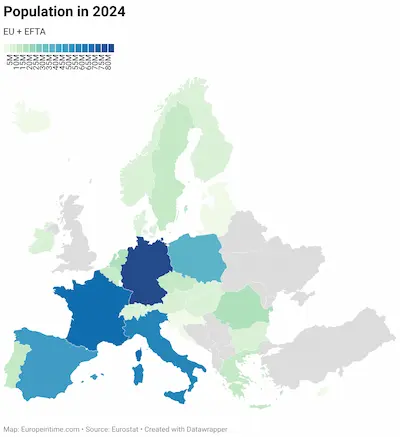 Population map of Europe, 2024