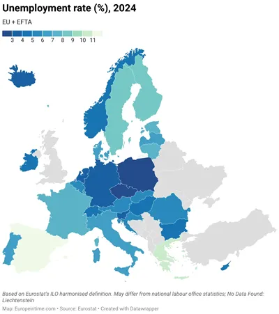 Mapa úrovně nezaměstnanosti v Evropě v roce 2024